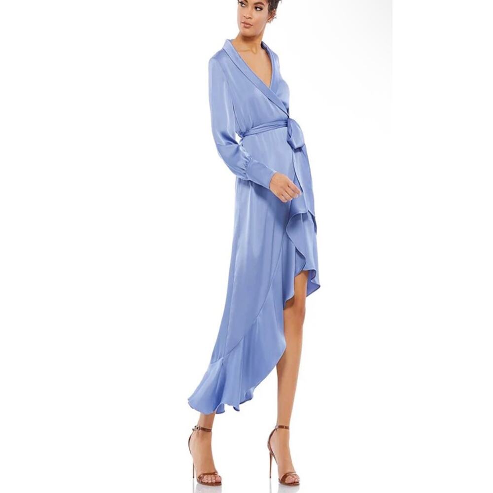 MAC DUGGAL 12506 cocktail wrap periwinkle blue dress long sleeve sz 2